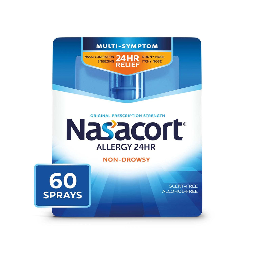 Nasacort 24HR bottle ready for daily use, offering all-day congestion relief.