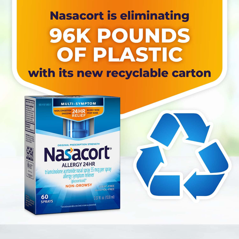 Nasacort sustainability emphasis: recyclable carton and reduced plastic.