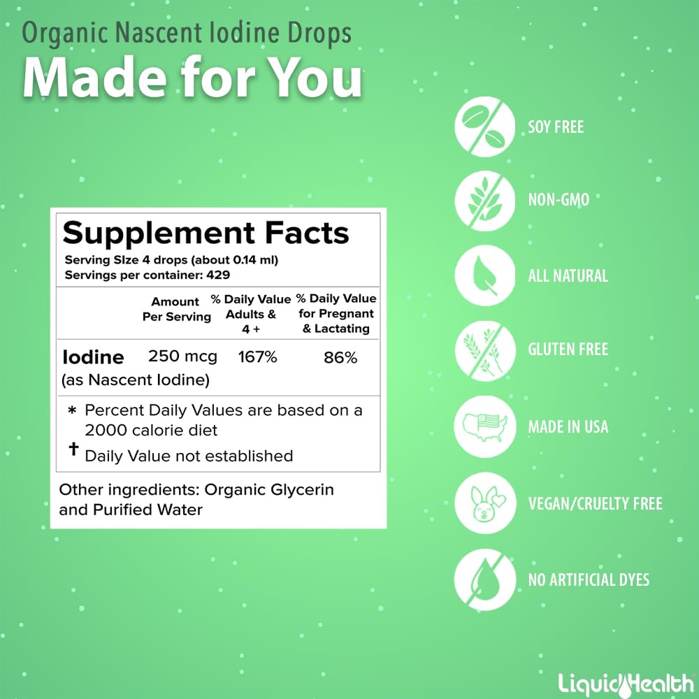 Close-up of Nascent Iodine Drops bottle illustrating thyroid support and immunity benefits
