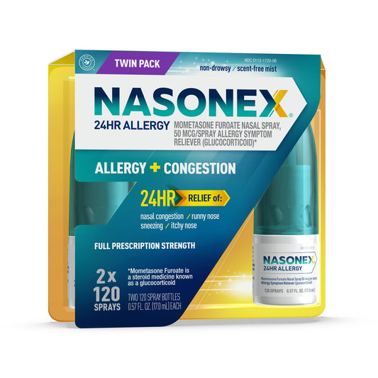 Nasonex 24HR allergy nasal spray bottle offers all-day congestion relief in a scent-free mist