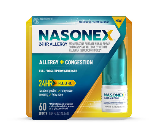 Nasonex 24HR allergy nasal spray bottle shows potential daily relief for nasal congestion