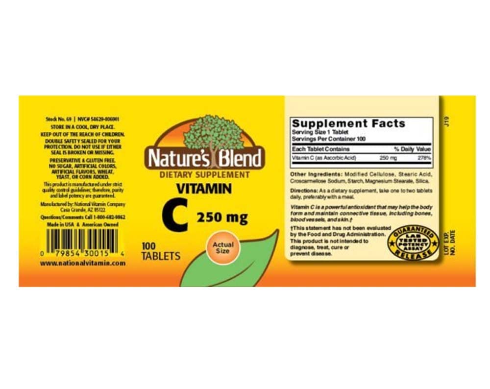 Front view of Nature's Blend Vitamin C 250 mg tablets