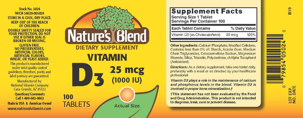 Back label of NAT B VIT D3 TB 1000IU 100 bottle