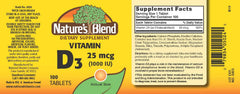 Back label of NAT B VIT D3 TB 1000IU 100 bottle