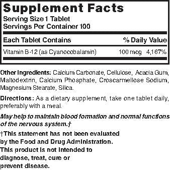 NAT B Vitamin B-12 TB 100MCG 100 packaging and ingredients