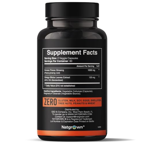 Ingredients: Panax Ginseng 1000 mg and Ginkgo Biloba 120 mg