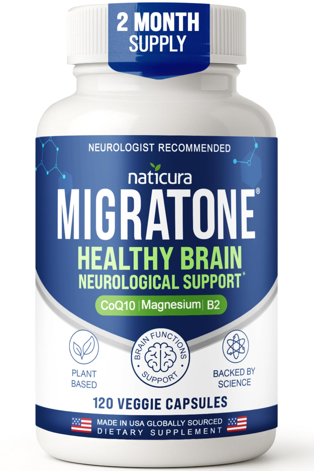 Naticura Migratone bottle front showing natural headache support formula for daily use