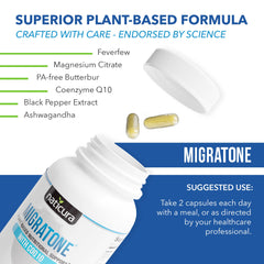 Naticura Migratone bottle with pills on table illustrating daily routine integration