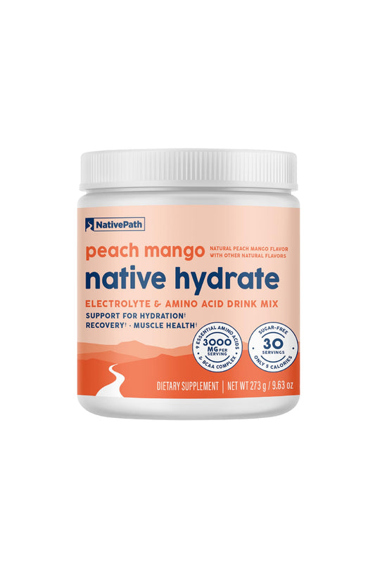 NativePath Native Hydrate Peach Mango electrolyte powder canister and packaging