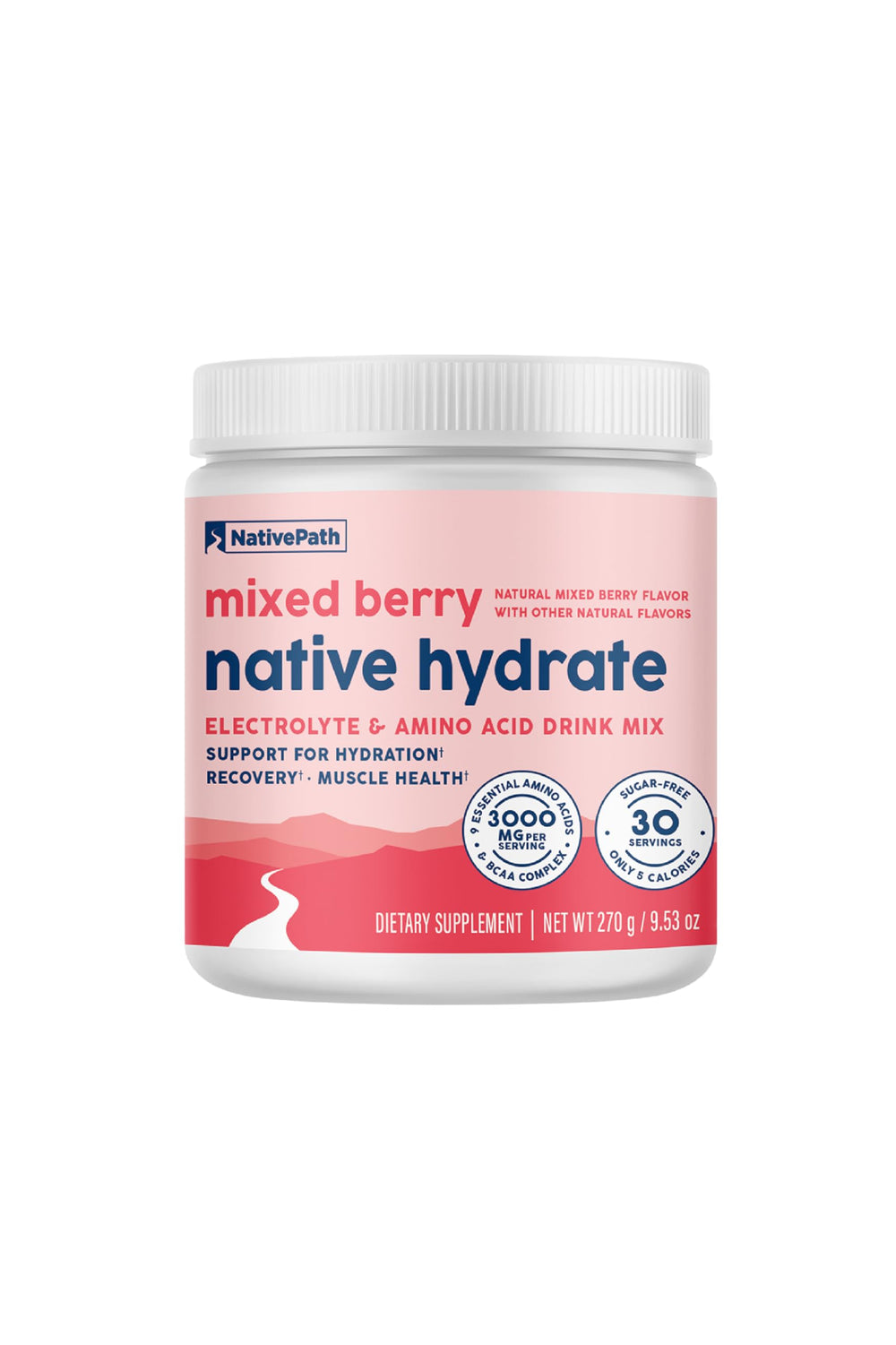 NativePath Native Hydrate tub label highlighting 14 vitamins for hydration support.