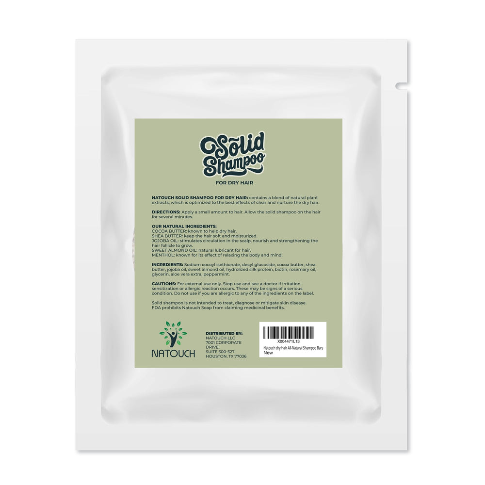 Natouch shampoo bar ingredients including cocoa butter and aloe vera.