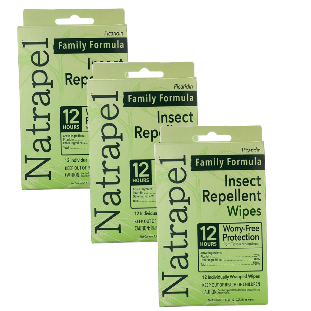 Natrapel tick and insect repellent wipes pack front — long lasting protection for outdoor adventures