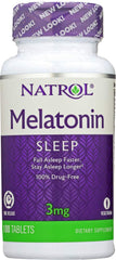 Natrol Melatonin Time Release tablets bottle front view for restful sleep support.