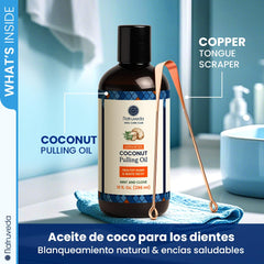 Close-up of oil pulling mouthwash ingredients: coconut, sesame, and sunflower oils