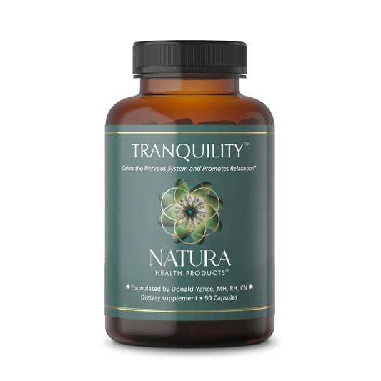 Front view of Natura Health Tranquility 90 capsules bottle