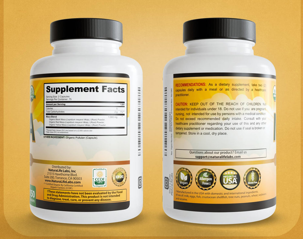 Peruvian origin maca root product packaging
