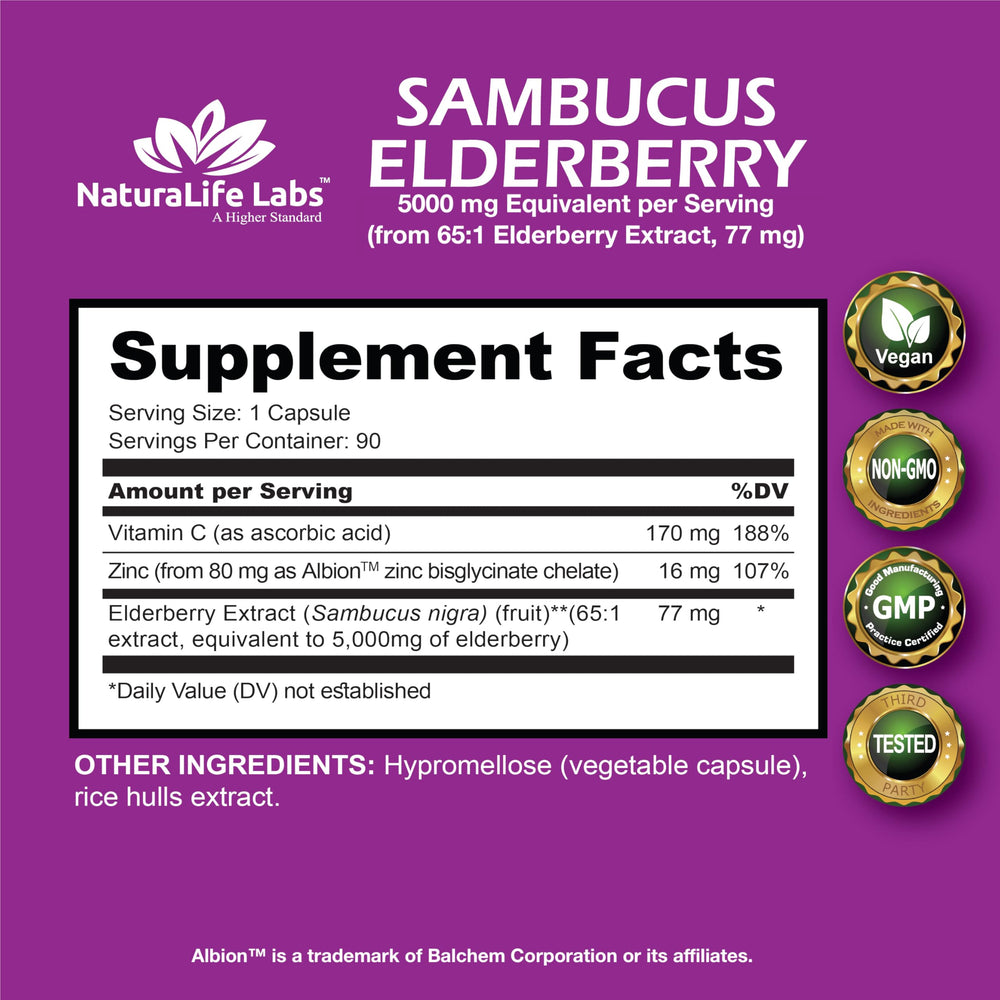 Bottle shot of NaturaLife Sambucus Elderberry 5000 mg 65:1 extract (90 capsules)