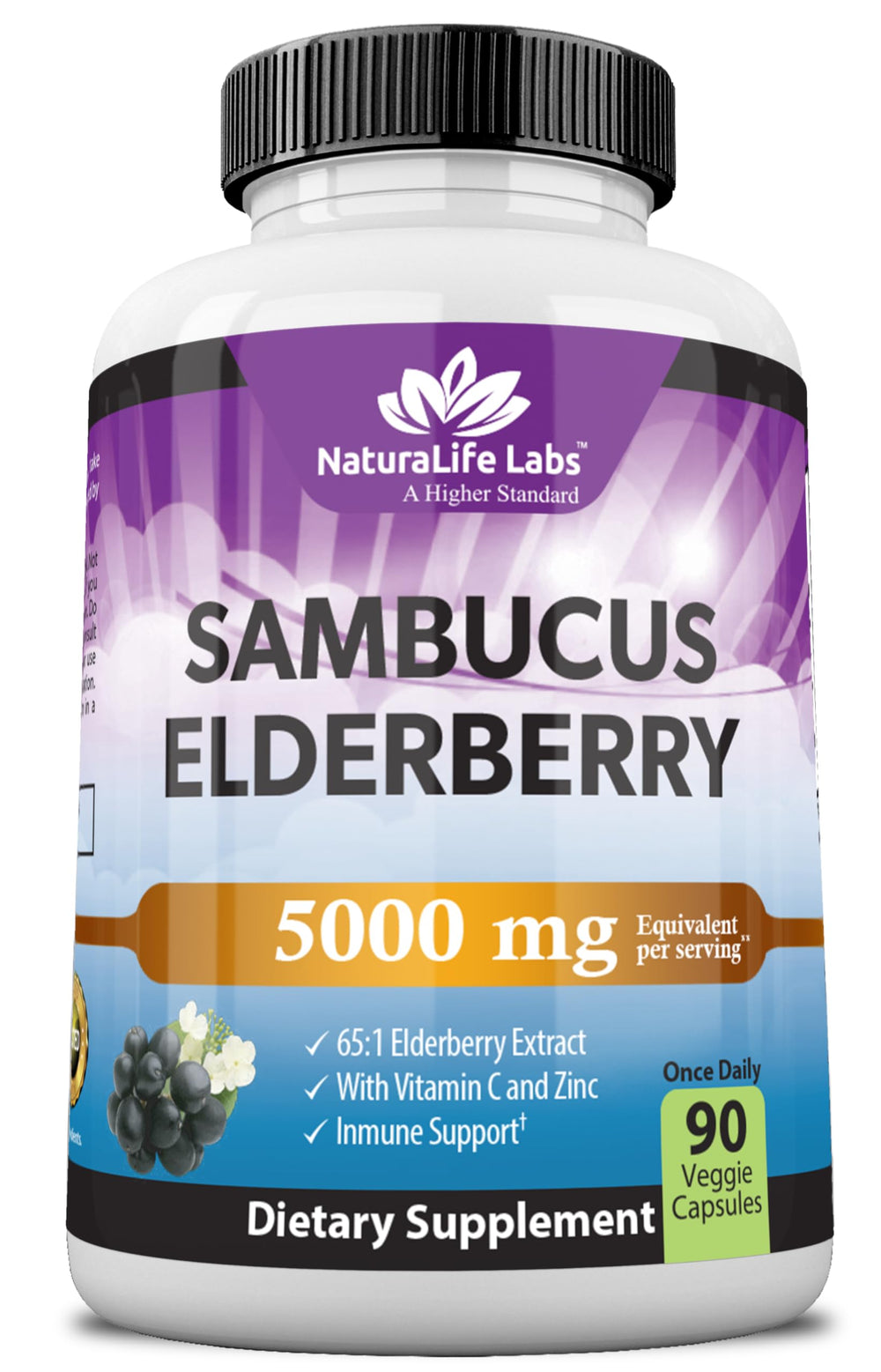 Front view of NaturaLife Sambucus Elderberry 5000 mg 65:1 extract bottle with 90 capsules