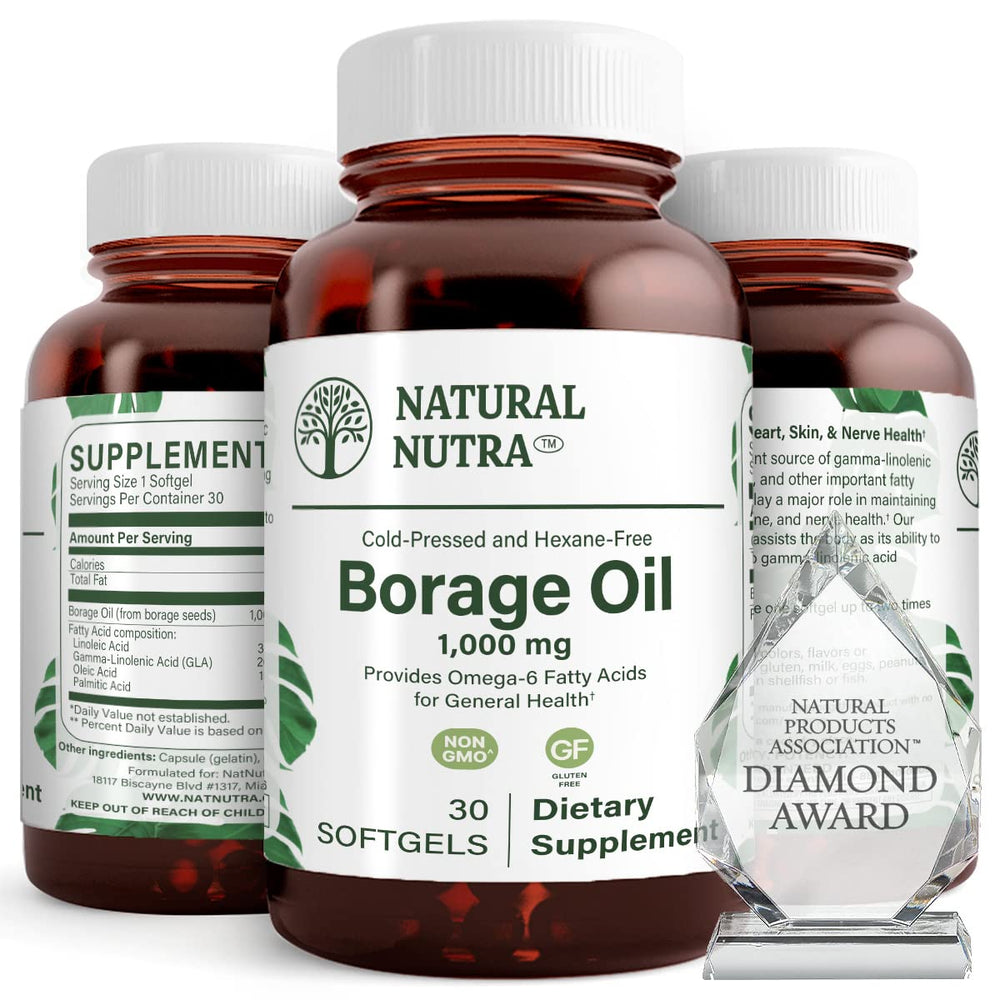 Natural Borage Oil Supplement bottle on amber glass