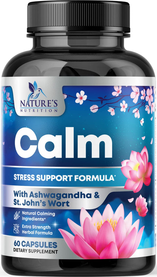 Natural Calm bottle with label featuring ashwagandha, GABA and magnesium