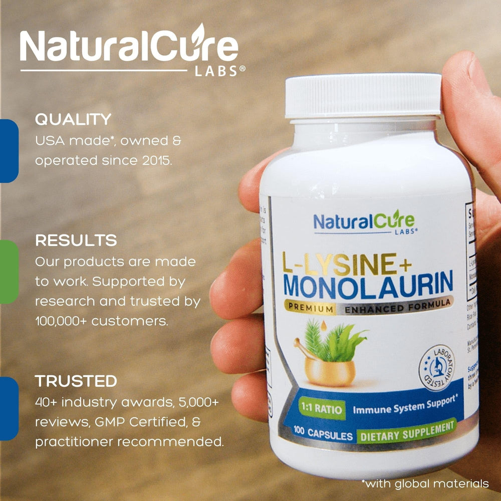 Capsules showing 600mg L-Lysine and 600mg Monolaurin