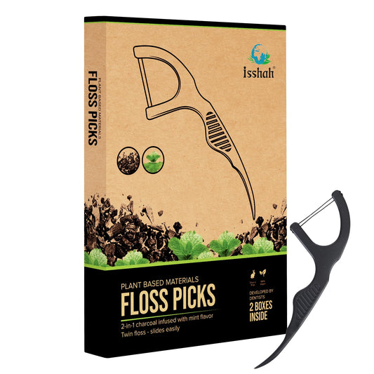 Front packaging of Natural Dental Floss Picks Twin Floss Charcoal