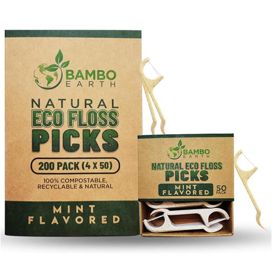 Mint-flavored natural dental floss picks with eco-friendly packaging