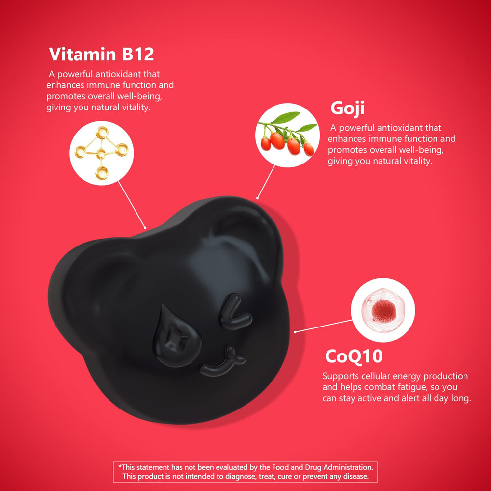 Nutrition facts and ingredients labels for Raspberry energy gummies