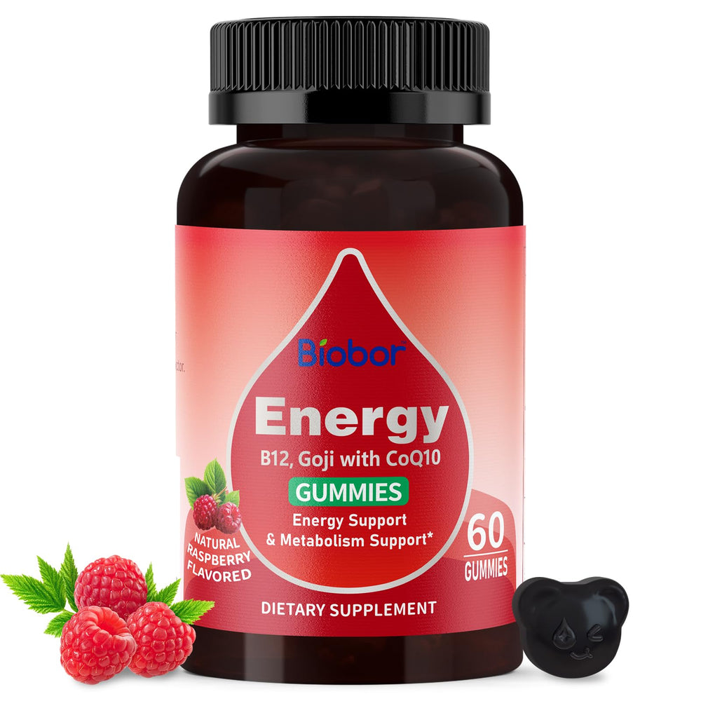 Front view of Raspberry Natural Energy Gummies bottle, 60 count