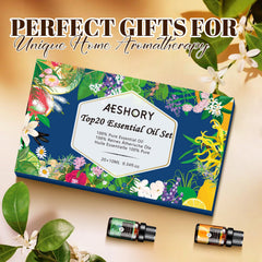 Flat lay of essential oil bottles and gift box