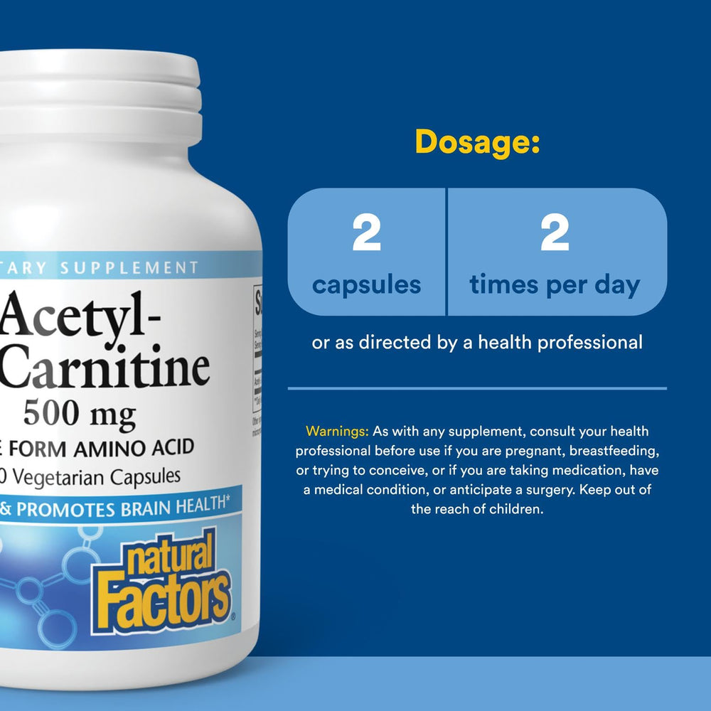 Front view of Natural Factors Acetyl-L-Carnitine 120-capsules bottle