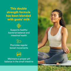 Close-up of label highlighting probiotic blend and goat’s milk prebiotic