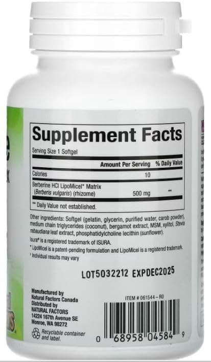 Back label with supplement facts for Natural Factors Berberine LipoMicel Matrix
