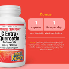 Ingredient panel showing 500 mg vitamin C and 250 mg quercetin
