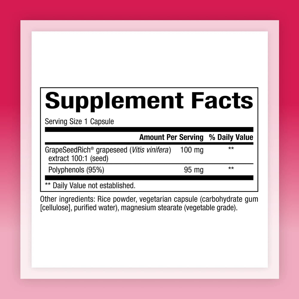 Close-up of Grape Seed Extract bottle label showing 100 mg per capsule