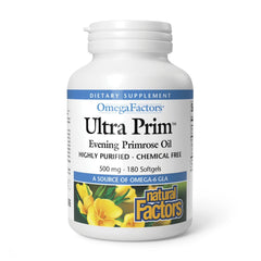 Front view of Natural Factors Omega Factors Ultra Prim Evening Primrose Oil bottle, 500 mg, 180 softgels