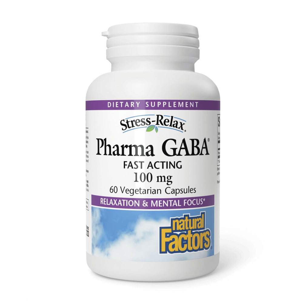 Bottle label for Natural Factors Pharma GABA with product name