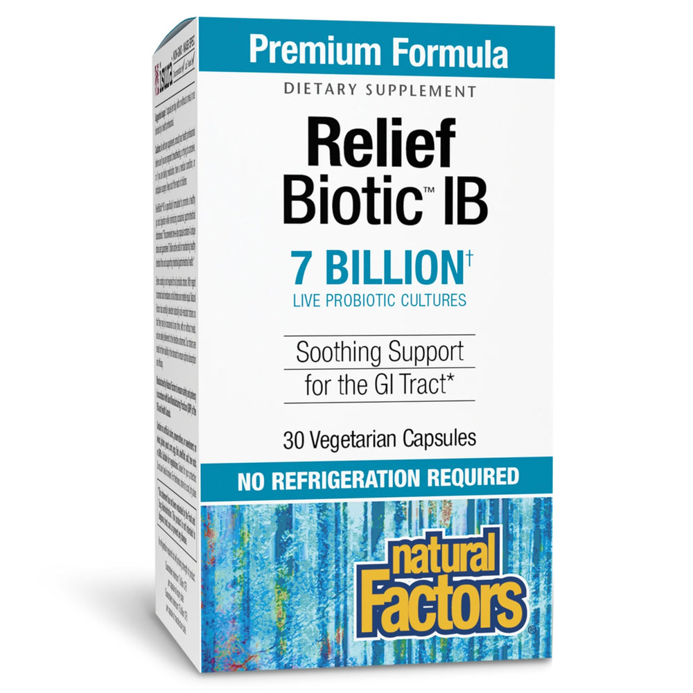 Front view of Natural Factors ReliefBiotic Probiotic 30 CT packaging