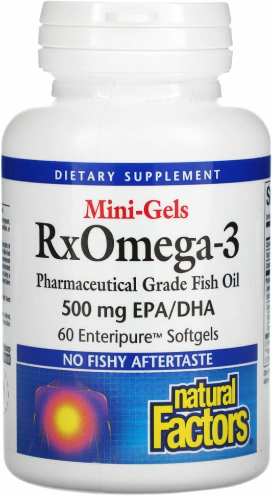Bottle of Natural Factors RxOmega-3 Factors Mini-Gels 60 soft gels