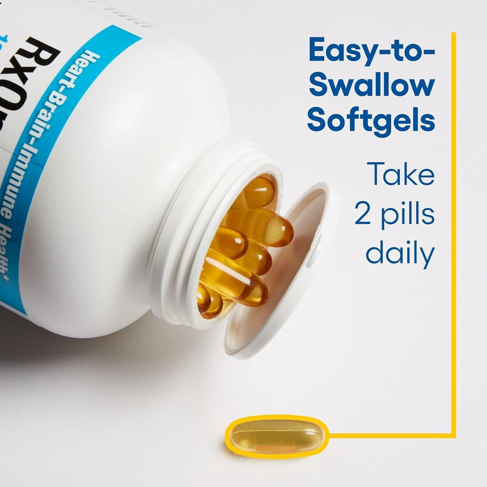 Natural Factors RxOmega-3 bottle emphasizing no fishy aftertaste feature.