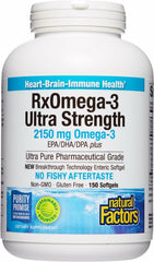 Natural Factors RxOmega-3 Ultra Strength bottle shows a high-dose omega-3 for heart and brain support