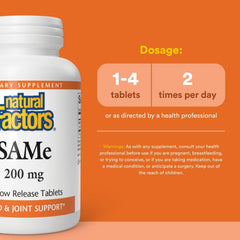 SAMe 200mg product label featuring mood and joint support messaging