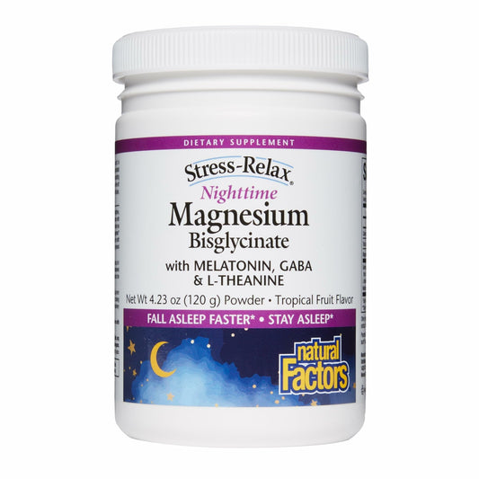 Front view of Natural Factors Stress-Relax Nighttime Magnesium Bisglycinate bottle with Tropical Flavor
