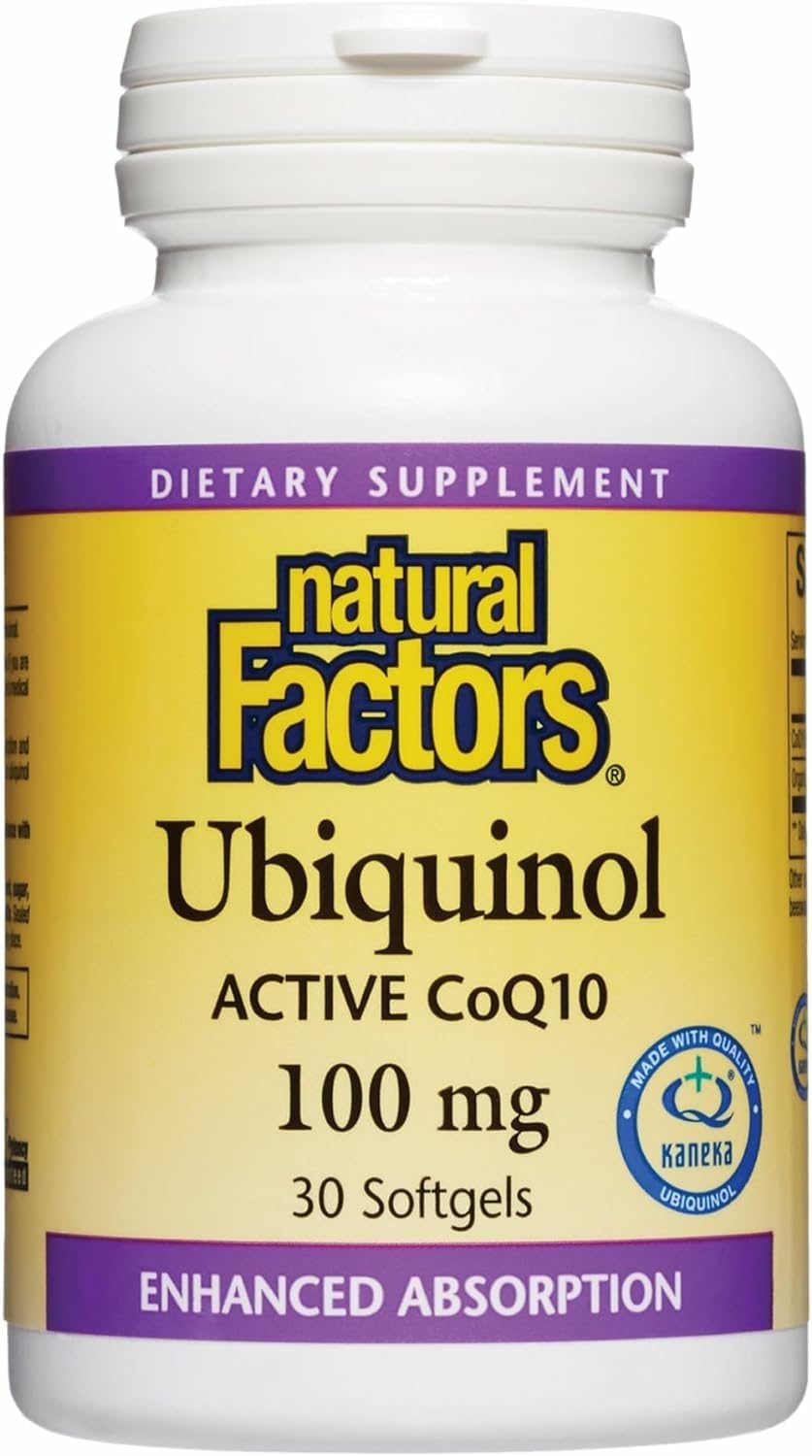 Front view of Natural Factors Ubiquinol 100 mg softgels bottle