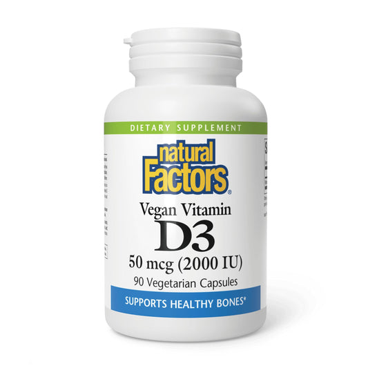 Bottle of Natural Factors Vegan Vitamin D3 2000 IU, 90 capsules