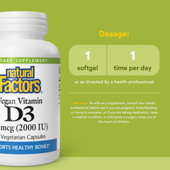 Vitamin D3 bottle label highlighting vegan and organic ingredients