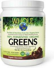 Natural Factors Whole Earth and Sea chocolate tub shows rich greens blend for daily nourishment.