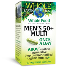 Natural Factors Whole Earth & Sea Men's 50+ Multivitamin & Mineral bottle label - 60 Vegetarian Capsules