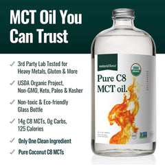 Natural Force Organic Pure C8 MCT Oil bottle close-up showing clarity.