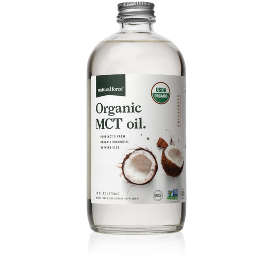 Natural Force Organic MCT Oil bottle in a clear glass bottle (16 oz)